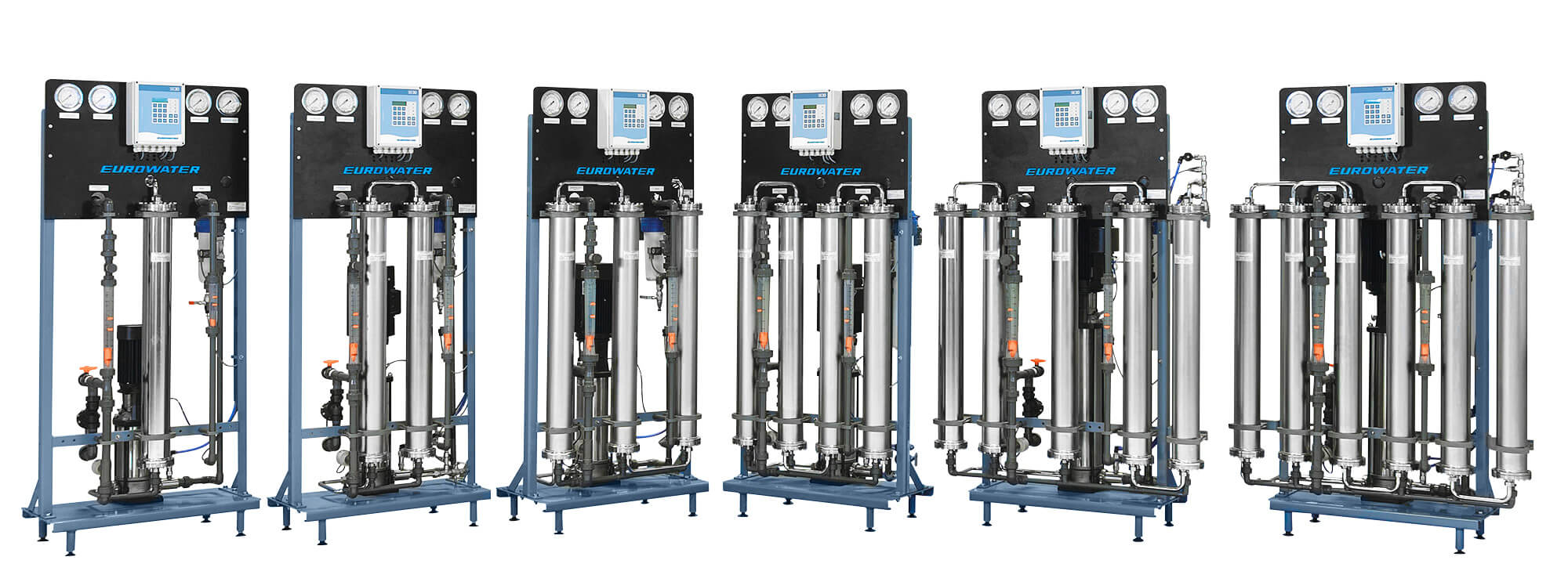 Six EUROWATER RO B1 configurations shown in the official reverse-osmosis family photograph.